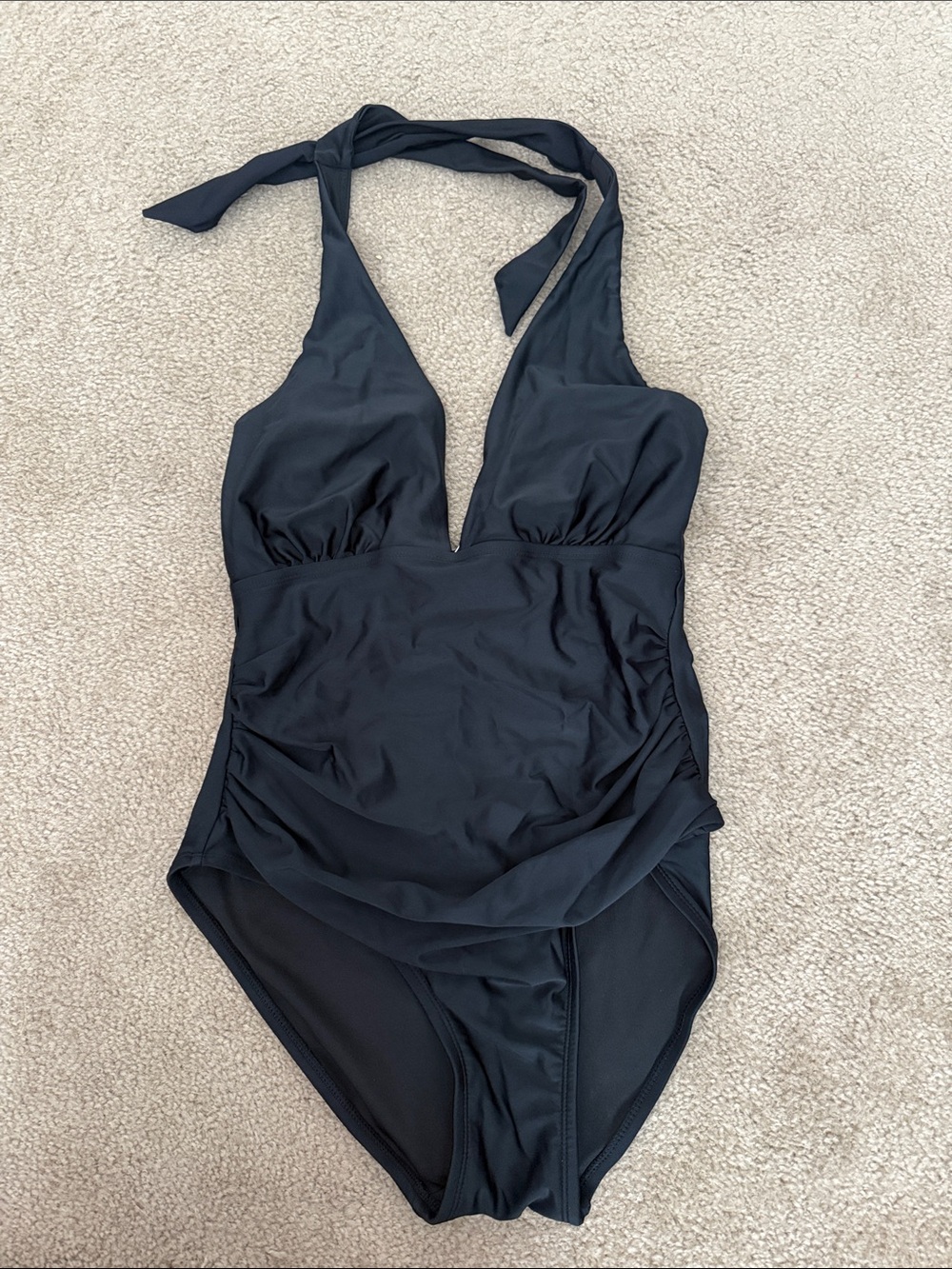 Women’s DKNY one piece swimsuit halter low neckline ruching on tummy size large